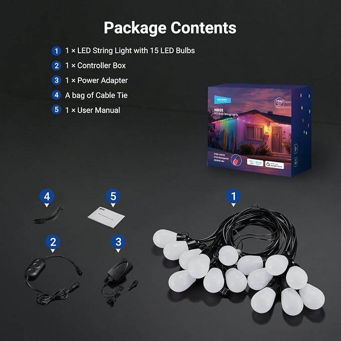 NEEWER 48ft Outdoor String Lights, App Control Smart AI RGBW Hanging, NR01 | Outside Patio Balcony Backyard Holiday Lighting, IP65 Waterproof, 15 LED Bulbs, 50+ Scenes, Compatible with Alexa Google