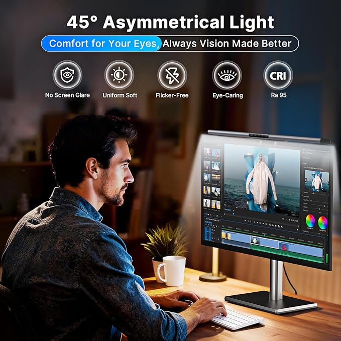 Syrinx 16.7" Computer Monitor Light Bar with Ambient Backlight, USB Reading LED Lamp, Screen Monitor Lamp, Touch + Gesture Control, Dimmable Desk Light, Eye-Caring, No Screen Glare for (RGB)