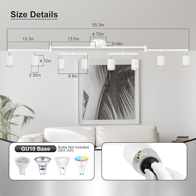 8 Light Track Lighting Fixtures Ceiling, Matte White Kichen Track Lighting Fixtures, Rotatable Light Heads, Adjustable Modern LED Track Lights for Kitchen/Hallway, No GU10 Bulb