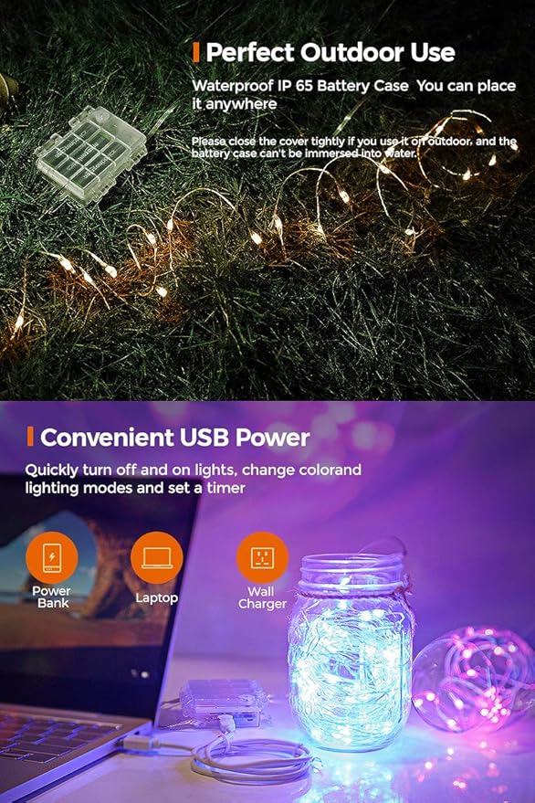 OMIKA 16.4ft 50 LEDs16 Color Battery Operated & USB Powered String Lights, with Remote Timer Waterproof Silver Wire Twinkle Lights for Room Garden Patio Indoor Outdoor Decor(132 Modes)