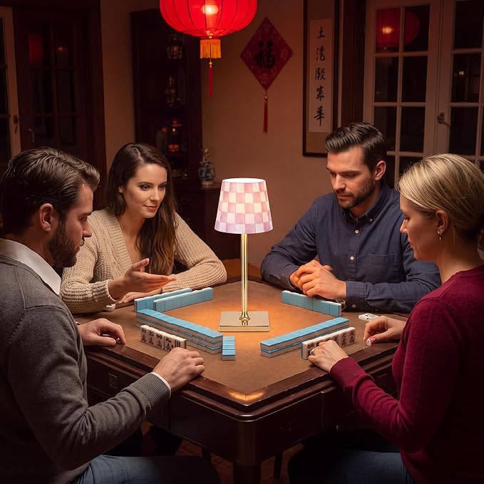 Pickmesh 1 Pack Pink Checkered Mahjong Cordless Lamp Scalloped Edge Mahjong Print LED Lamp 3 Color Dimmable Rechargeable Stylish Lamps for Mah Jong Table Living Room Nightstand Desk