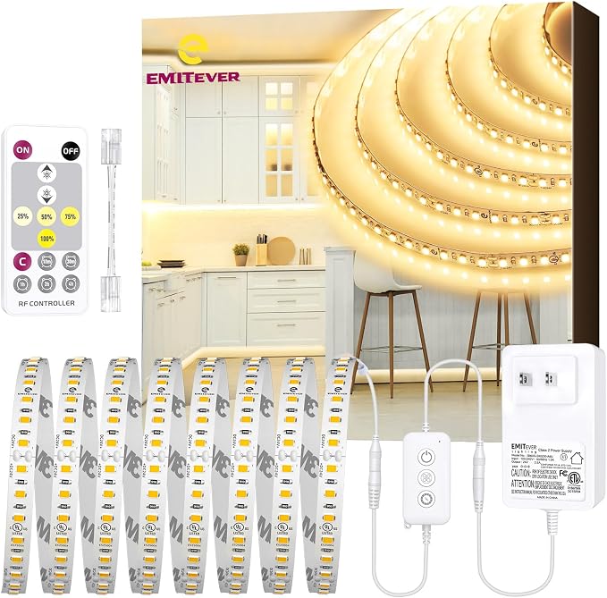 EMITEVER Warm White LED Strip Light Kit 3000K,16.4ft 600LEDs,24V Dimmable | CRI 95+,240+LM/ft.ETL 48W power supply & remote included, UL listed Strip for living room,kitchen,under cabinet & shelving