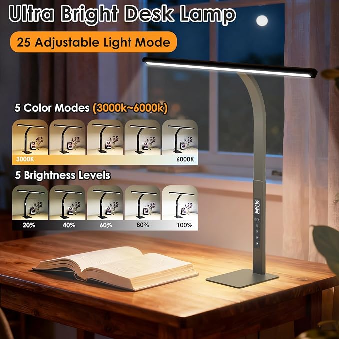 LED Desk Lamp for Office Home: Pomodoro Timer Table Light with Base 1600 Lumen Bright - 5 Color Stepless Dimming for Reading Study Drafting