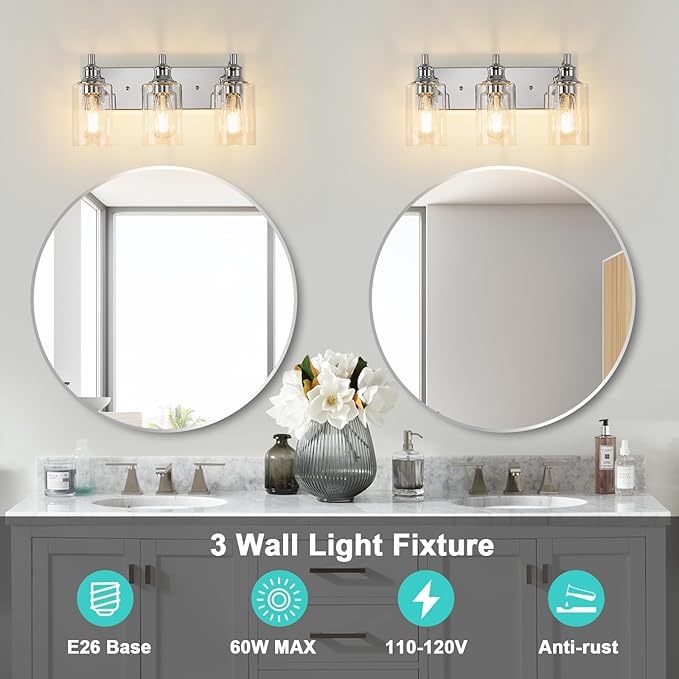 3-Light Bathroom Light Fixtures Modern Chrome Vanity Lights for Bathroom Lighting Fixtures Over Mirror for Cabinet Mirror Bedroom Hallway