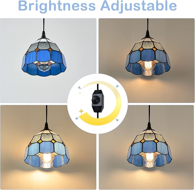 Tiffany Style Plug in Pendant Light Mini Chandelier with 16.4 Ft Hanging Cord and in Line On/Off Dimmer Switch, Vintage Swag Ceiling Lamp for Dining Room, Bedroom or Porch (7.9" in Width)