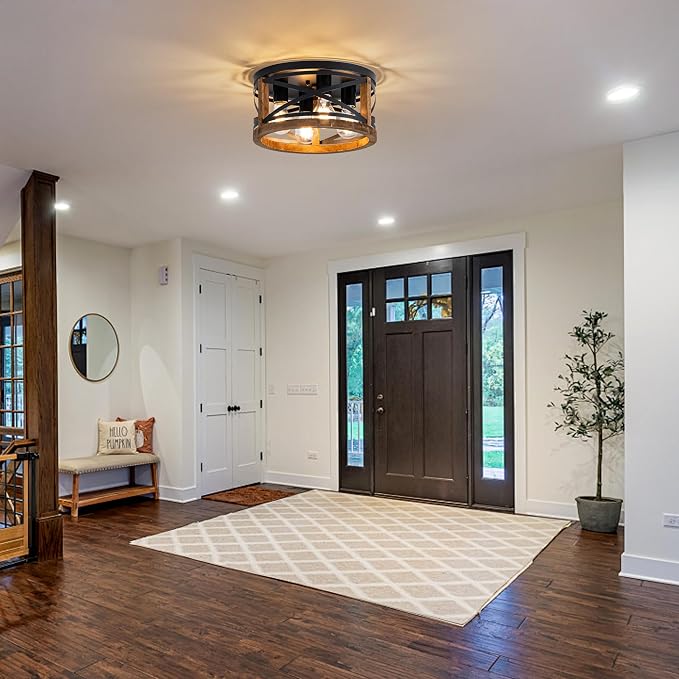 Farmhouse Light Fixtures, 4-Light Round Flush Mount Ceiling Light with Wood and Metal Frame, Black Rustic Ceiling Light for Hallway, Entryway, Bedroom, Kitchen