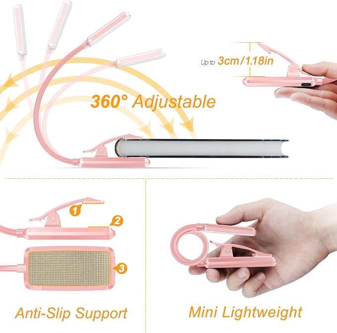 Gritin 9 LED Rechargeable Book Light for Reading in Bed | Eye Caring 3 Color Temps,Stepless Dimming Brightness,80 Hrs Runtime Small Lightweight Clip On Book Reading Light-Pink