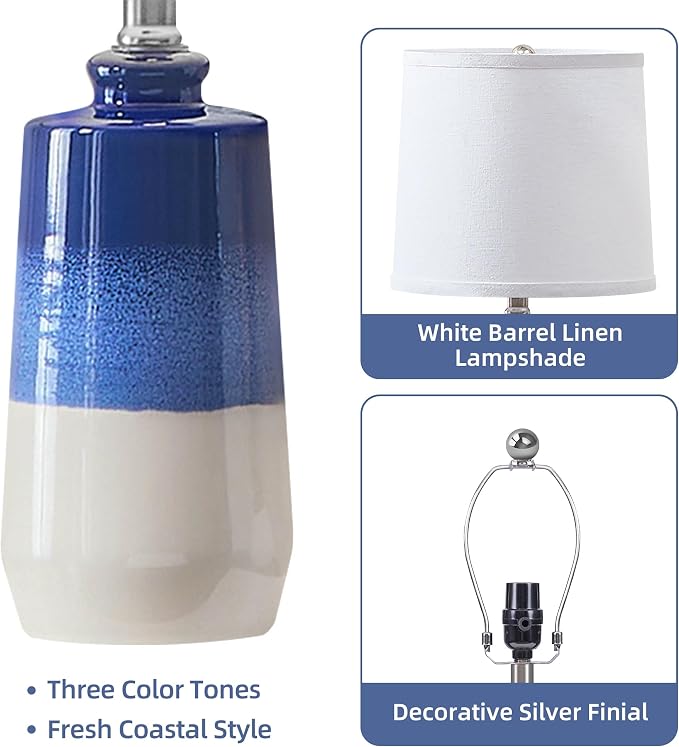 EUO 20.5" Ceramic Blue Lamps for Nightstand Set of 2, Blue Table Lamps for Living Room Set of 2, Coastal Table Lamp for Bedroom with White Barrel Lampshade, Blue White Ceramic Lamp for Small Space