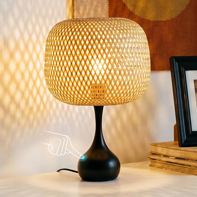 ONEWISH Touch Bedside Lamp for Bedroom, 3-Way Dimmable Table Lamps for Nightstand, Handwoven Bamboo Shade Desk Lamp for Living Room, Home Office