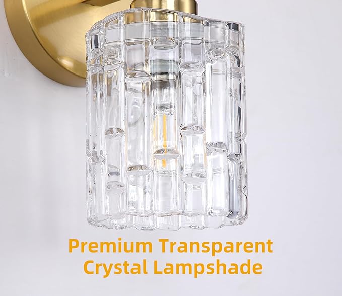 1-Light Modern Brushed Gold Crystal Wall Sconce, Hardwired Indoor Bathroom Vanity Light Fixture, Crystal Over Mirror Wall Lamp for Living Room, Bedroom, Hallway