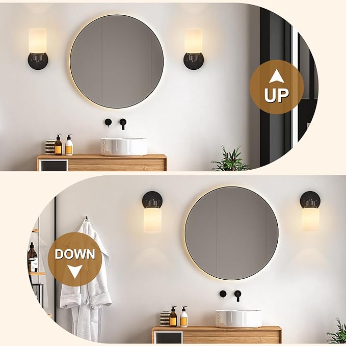2-Pack, 1-Light Vanity Lights, Matte Black Bathroom Light Fixture with Textured Milky White Glass Shade, E26 Modern Vanity Lighting Fixture for Bathroom Wall Sconce