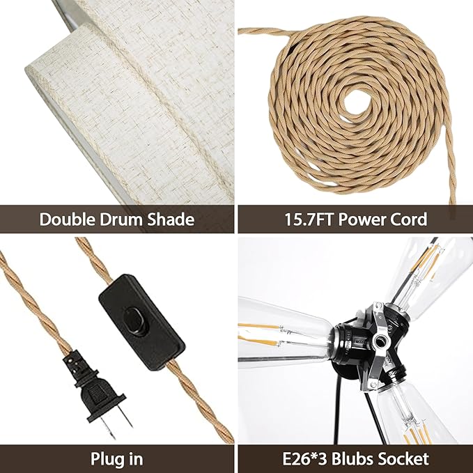 Plug in Pendant Light, 2-Tier Drum Linen Pendant Lights with 15.7FT Handmade Woven Light Cord，17.7" Plug in Chandelier for Dining Room Kitchen Island and Bedroom