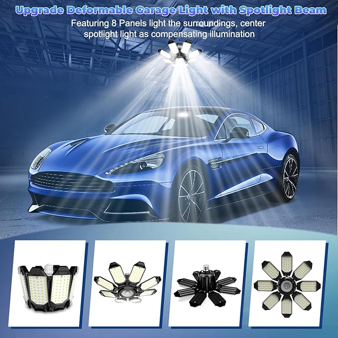 Garage Lights - Super Bright 250W LED Garage Ceiling Light w/ 8 Deformable Panels 6500K Led Light Bulb Srew in E26/E27 Socket with Adjustable Center Spotlight for Barn Workshop Attic - 4Pack