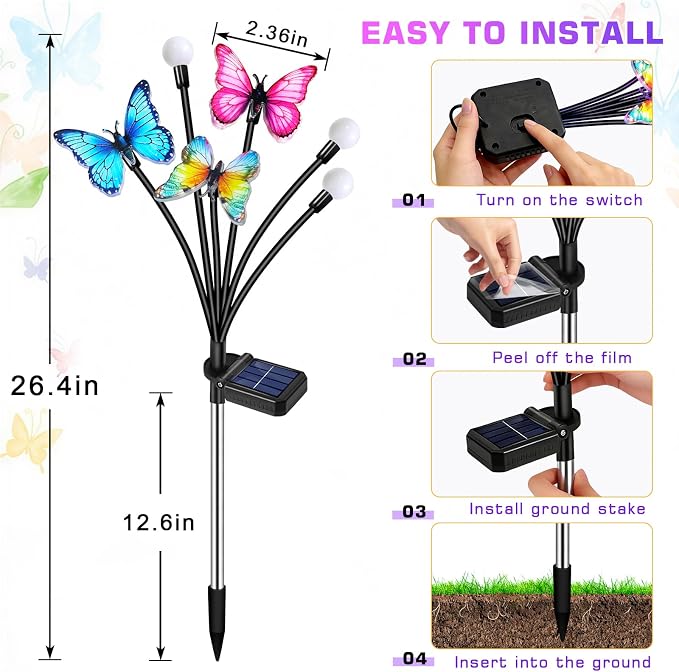 Solar Garden Lights Outdoor, Butterfly Firefly Lights 4 Pack, Waterproof | 3 Dynamic Fluttering Butterfly & 3 Firefly, Solar Garden Decor For Yard, Patio, Lawn, Gifts For Mom Women