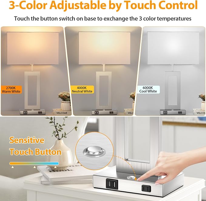 Table Lamps for Bedrooms Set of 2, 27.2’’ Tall Modern Silver Lamps for Living Room Nightstand, Touch Control Bedside Lamps with 2 USB Ports&AC Outlet, Stepless Dimming, 3 Color Temp. Bulbs Covered