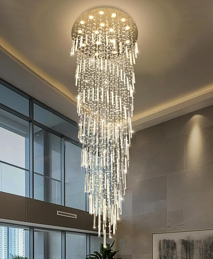 D40'' x H120'' Crystal Chandelier High Ceiling Chandeliers for Entryway Large Raindrop Chandeliers LED Dimmable Flush Mount Light Fixtures for Staircaes Foyer Hallway Living Room Bulbs Included Silver