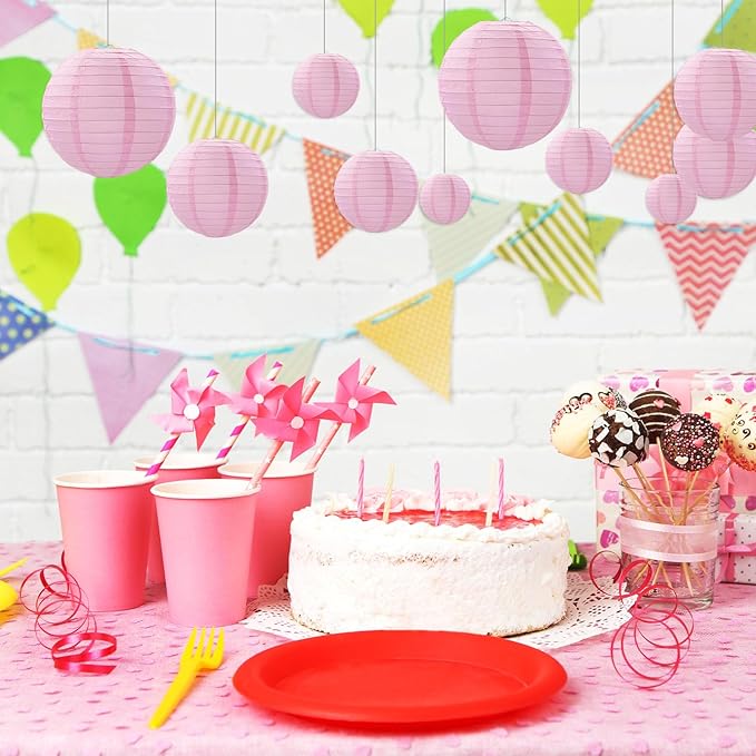 20Pcs Pink Paper Lanterns for Parties, 6” 8” 10” 12” Chinese Asian Hanging Round Paper Lanterns for Birthday Wedding Halloween Christmas Home Decor Party Decor