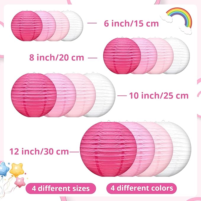 16 Pcs Paper Lanterns Hanging Round Pink Paper Lantern Decorative 6" 8” 10”12" Four Colors Chinese Lanterns for Birthday Wedding Party Decoration Baby Showers Valentine Indoor Outdoor