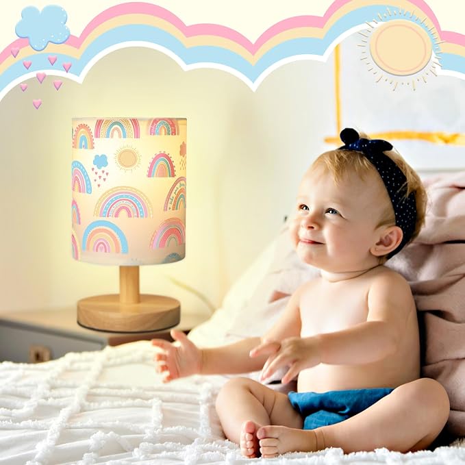 Rainbow Kids Table Lamp for Bedroom Kids Bedside Lamp with Linen Wooden Nightstand Cartoon Nursery Lampshade for Girls Boys Living Room