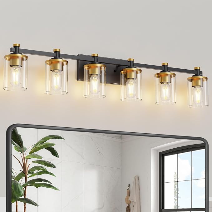Bathroom Light Fixture, Bathroom Vanity Light Over Mirror, 6-Lights | Vanity Lights for Bathroom, Modern Lighting Fixtures with Clear Glass Shade, Black and Gold Vanity Lights, ETL Listed