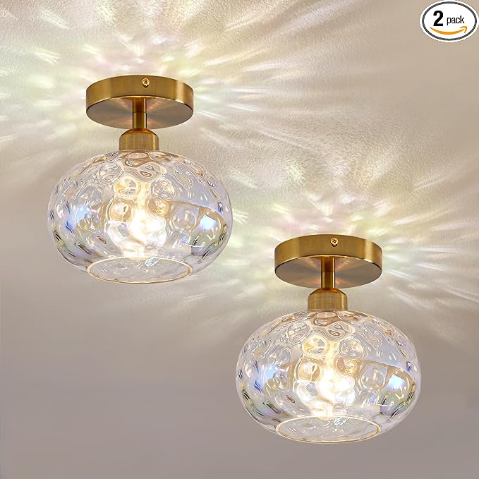 7.9″ Vintage Small Rainbow Semi Flush Mount Hallway Ceiling Light ,2 Pack | Art Deco Stained Hammered Glass,Whimsical,Gold Mid Century Light Fixtures for Closet Cottage Entryway Laundry Room Foyer