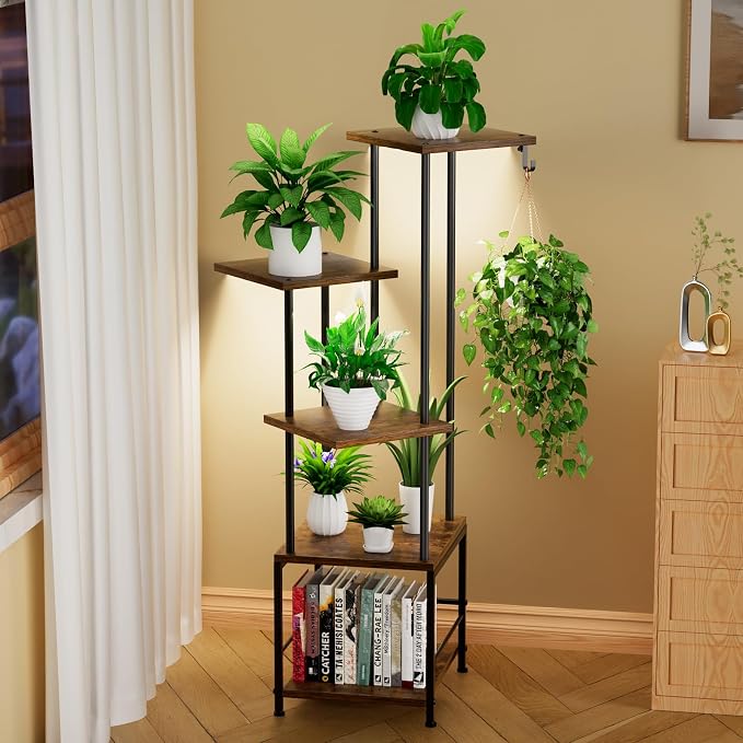 Plant Stand Indoor with Grow Light - 5-Tier Metal Plant Shelf with Hanging Basket Hook, Corner Tall Flower Holder for Multiple Plants, Living Room Balcony Garden Patio, Rustic Brown