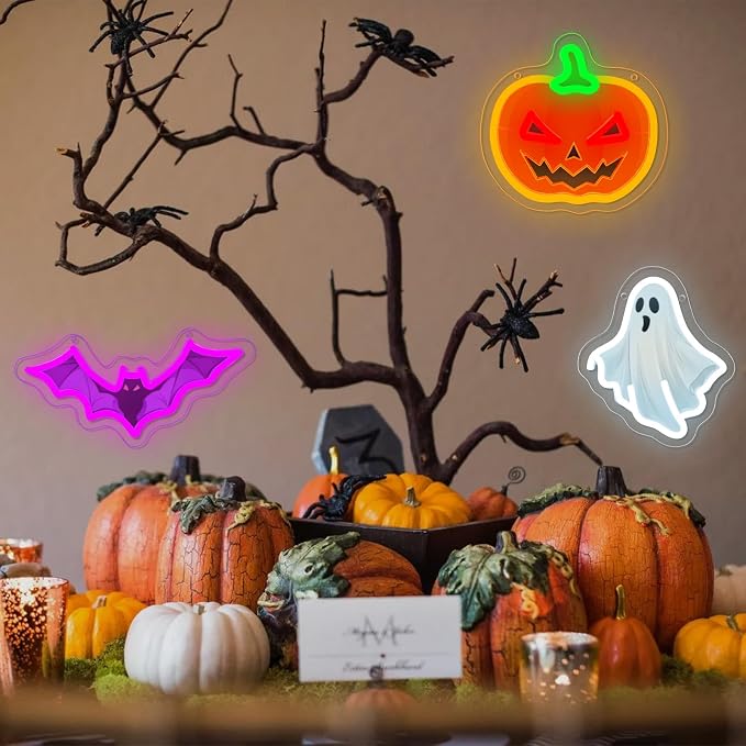 3Pcs Halloween Neon Signs Set Dimmable Pumpkin Ghost Bat Led Neon Light | USB Powered UV-Printed Spooky Neon Light Up Sign for Game Room Wall Halloween Party Presents Holiday Home Decorations
