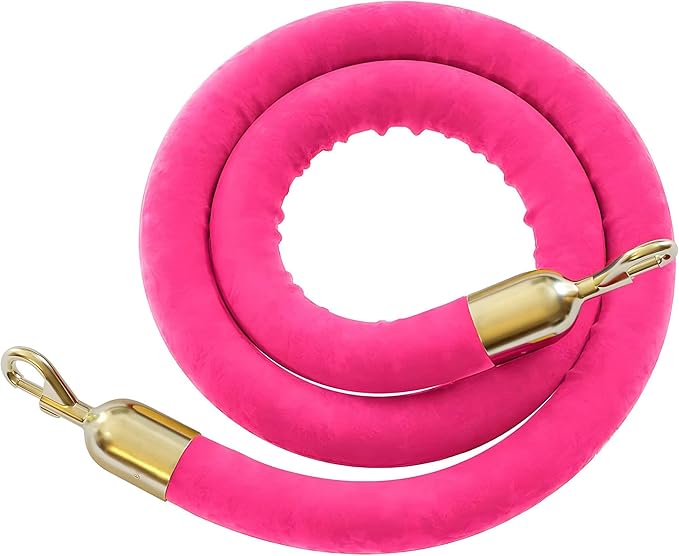 Montour Line Velvet Hanging Stanchion Rope Foam Core, 6 Foot Pink Rope with Polished Brass Snap Ends