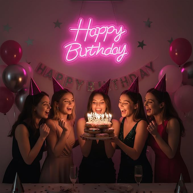 Happy Birthday Neon Sign for Backdrop, LED Happy Birthday Light Up Sign, USB Powered Dimmable Neon Light for Birthday Party Decorations, Wall Decor, Pink, 16.5 x 12 inch