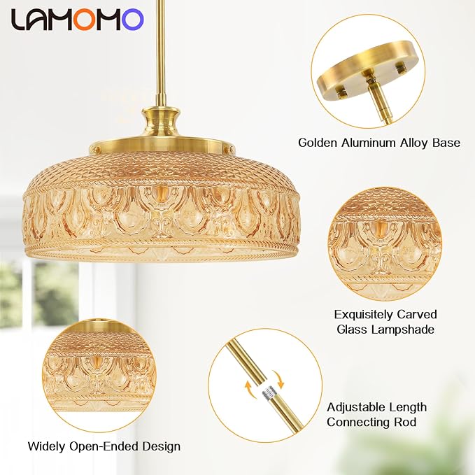 Lamomo Adjustable Large Pendant Lighting Kitchen Island for Dinning Room | Pendant Light with Clear Glass Lampshade over Sink, Amber Ceiling Lights Kitchen Pendant Light for Indoor Decor, No Bulbs