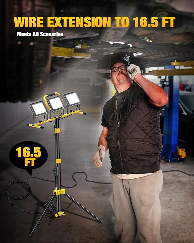 Upgraded LED Work Lights with Stand, 21000 Lumen, 3-Head Adjustable Work Light, Waterproof Foldable Tripod, Extended Cord for Outdoor & Indoor Job Sites, Workshops, Construction, Garage Lighting