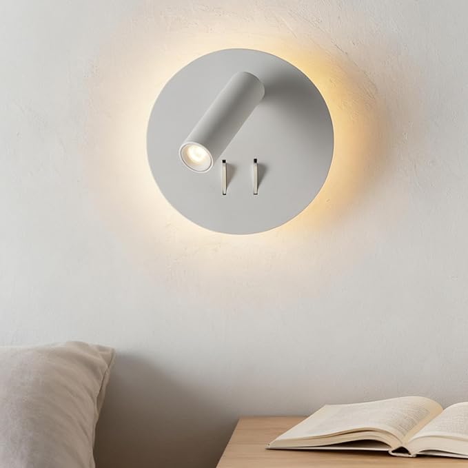 Modern Minimalist LED Wall Sconce,Hardwired 2-Light Reading Backlight,Dual Light Control (3W/240lm+6W/480lm), Swing Arm Wall Light Fixtures for Bedroom/Bedside(White)