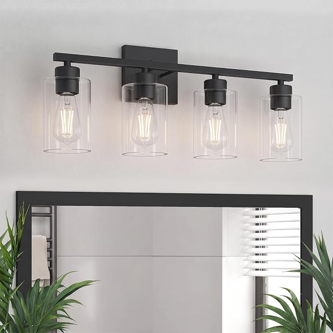 4 Light Bathroom Vanity Light - Matte Black Bathroom Light Fixtures UL Certification, Round Light Fixture Over Mirror, Farmhouse Light Fixtures for Bathroom & Bedroom