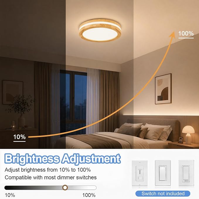Pevfah Modern Dimmable LED Wood Flush Mount Ceiling Light, 5CCT Round Close to Ceiling Lighting Fixtures, Minimalist Ceiling Lamp for Bedroom, Kitchen, Hallway, Laundry Room-11.81in