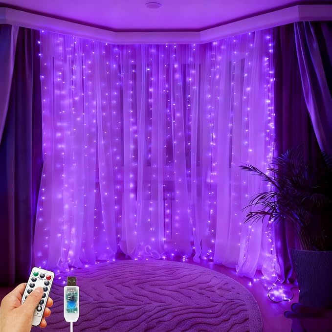 300 LED Fairy Curtain Lights, 9.8 x 9.8FT Purple USB Plug in 8 Modes Hanging Lights with Remote for Christmas, Bedroom, Indoor, Outdoor, Weddings, Party (Purple)