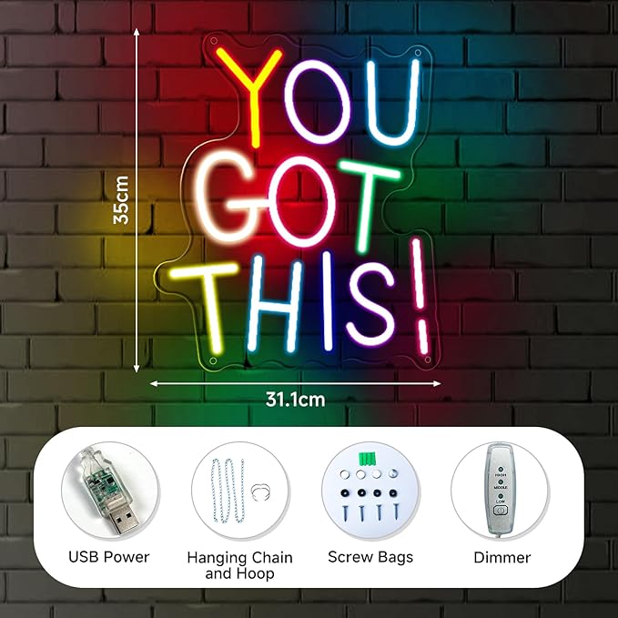 You Got This Neon Sign for Wall Decor, Dimmable LED Neon Signs for Bedroom Inspirational Letter Neon Light for Office Classroom Home Bar Party
