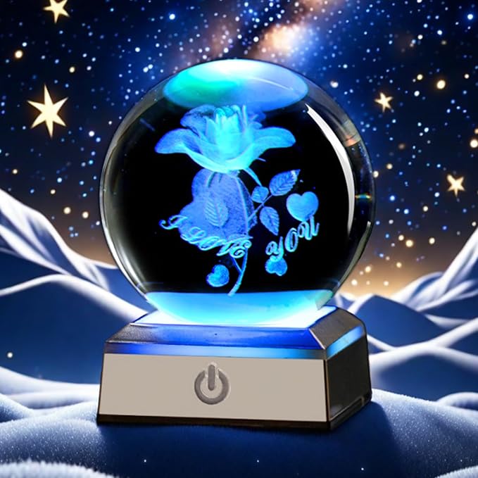 3D Laser Etched Rose Crystal Ball, I Love You Decor Glass Sphere Lamp Night Light, Crystal Rose Flower Figurines Collectibles Gifts for Mom Kids Women Girls