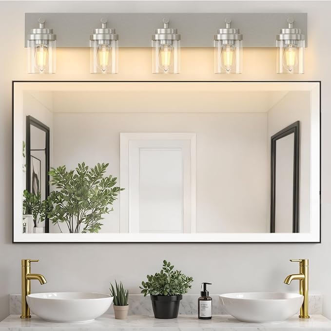 IZORRO Bathroom Vanity Light Fixture, 5-Light 36 Inch Brushed Nickel Bathroom Light Fixtures Over Mirror, with Clear Glass Shade, Modern Farmhouse Vanity Lights, Rustic Restroom Lighting Fixtures
