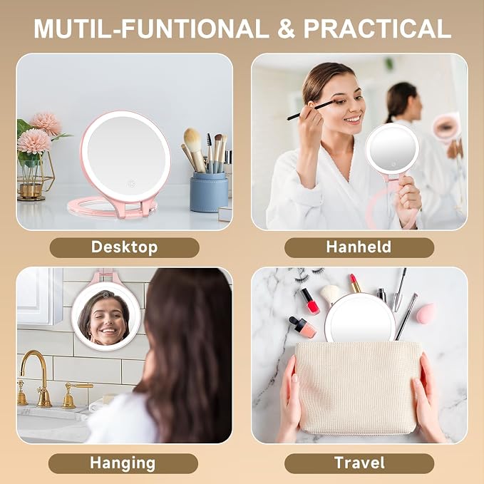 Mocado 1X/20X Magnifying Mirror with Light, Travel Makeup Mirror with Light | Double Sides Travel Mirror with 3 Color Light, Dimmable Touch, 1500mAh Rechargeable, Brightness Adjustable(Pink)