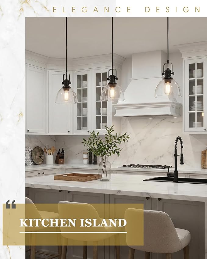 Black Pendant Lights Kitchen Island, 7.5" Farmhouse Pendant Lighting with Clear Glass Shade, Vintage Hanging Light Fixtures for Dining Room Entryway, Adjustable Cord, AD-22151-1P-BK-C