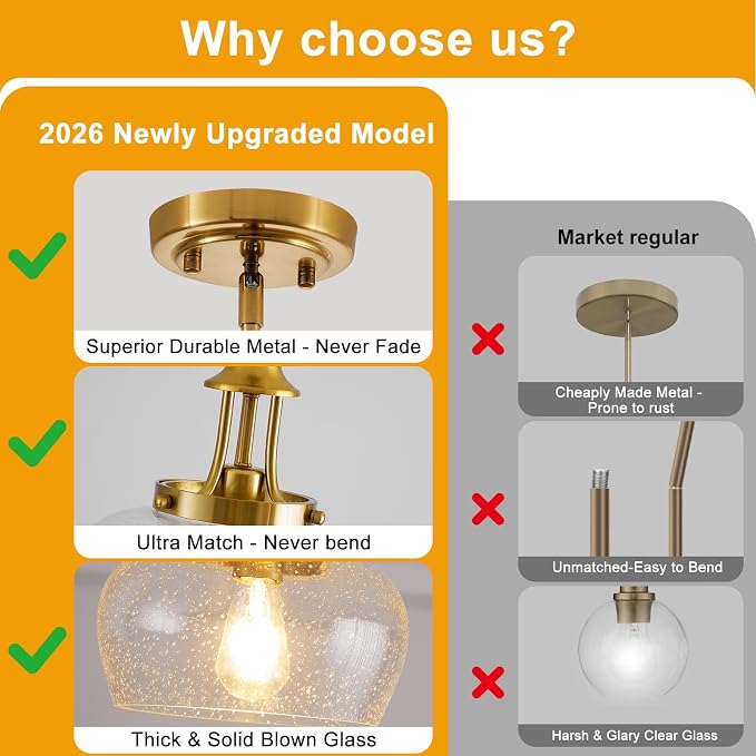 Modern Pendant Lights Kitchen Island, Brushed Gold Pendant Light Fixtures with 10" Clear Air Bubble Glass Shade, Industrial Hanging Pendant Lights Fixture for Kitchen Island Dining Room Entryway