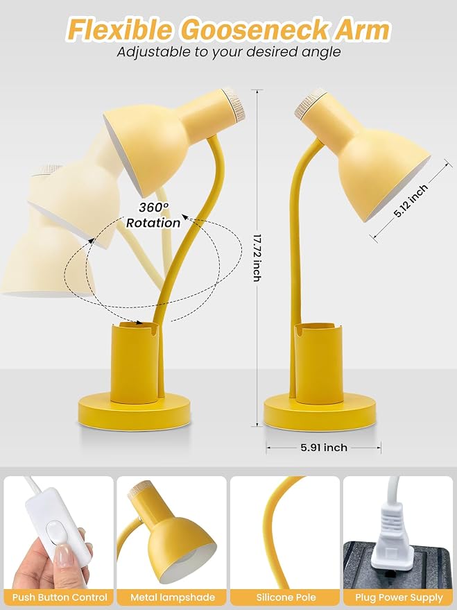 LED Desk Lamp for Home Office, Table Lamp with Pen Holder, 3 Color Modes Reading Light, Eye-Caring Desk Light with Gooseneck, Metal Study Lamp for Dorm Bedside Bedroom (Yellow lamp)