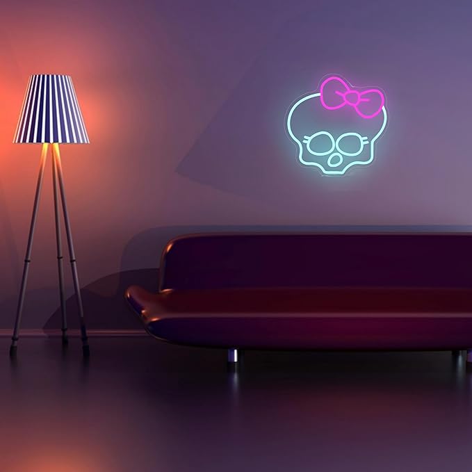 Skull Neon Sign for Room Decor Monster High Neon Light LED Skull with bow Sign Neon Sign for TV Series Fans Gifts Man Cave Wall Decor Dormitory Decoration USB Powered Dimmable 13"*12.6"