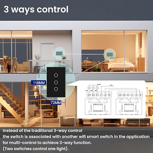 WiFi Smart Light Switch,3-Button Single Gang 2.4GHz Wi-Fi Touch Switch, Neutral Wire Required,Work with Smart Life/Tuya App and Alexa,Black