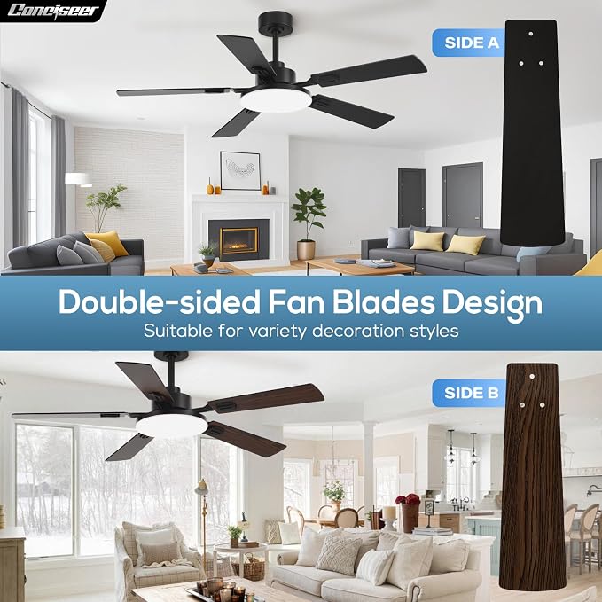 60 Inch Ceiling Fans with Lights and Remote, Bedroom Living Room Office Library Cafe Outdoor Industrial, 5CCT Dimmable, Dual Color 5 Blades, 6 Speed Reversible Quiet DC Motor, Black/Wood Grain