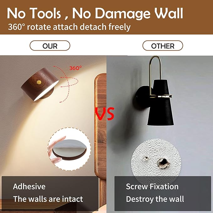Wooden Led Wall Sconce, 360° Rotatable Dimmable Wall Lights Rechargeable Wall Lights Battery Operated Magnetic Led Night Light for Reading Light and Household Lighting (Sapele Wood 1pcs)