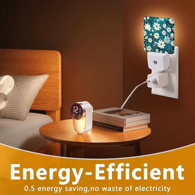 Daisy Flower Night Light, Plug-into Green Glitter Nightlight White LED Lamp, Energy Efficient Decor Desk Lamp for Bedroom Hallway Stairs Bathroom