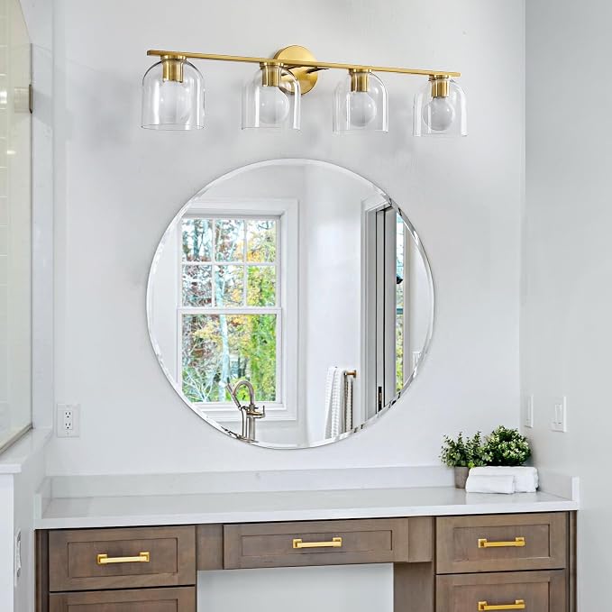 WOSHITU Bathroom Vanity Light Fixtures: 32.3 Inch Modern Brushed Gold Bathroom Light Fixtures Over Mirror with Clear Glass Shade, 4-Light Bathroom Lights Above Mirror