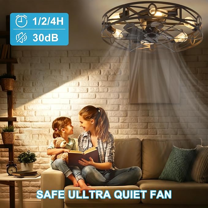 Depuley Flush Mount Ceiling Fan: 24" Caged Ceiling Fans with Remote Control for Patio Kitchen Bedroom - Low Profile Fandelier Lights Fixture Reversible 6 Speed Timer Black 6*E26 Bulb Not Included