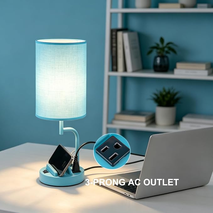 Dreamholder 2 Pack Table Lamp, Bedside Lamp with 3 USB Charging Ports & AC Outlet, USB Desk Lamp with 2 Phone Holders, Linen Fabric Shade Nightstand Lamps for Bedroom Living Room Office, Lake Blue